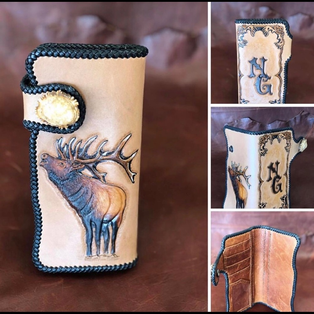 Custom made long wallet.  “Bugling Bull”
